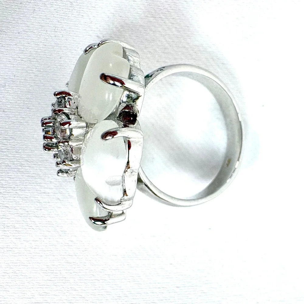 J Goodin Floral Nouveau Ring White Cats Eye Cubic Zirconia Silver Tone Size 6.75